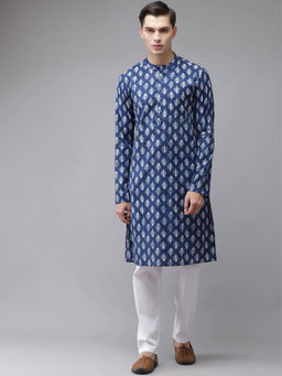 See Designs - Men Blue Pure Cotton Printed Regular Kurta With Pyjama (Set of 2)