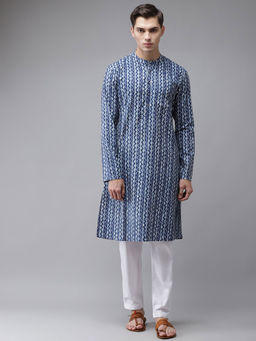 See Designs - Men Blue Pure Cotton Printed Regular Kurta With Pyjama (Set of 2)
