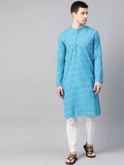 See Designs - Men Blue Ikat Printed Pure Cotton Kurta With Pyjamas (Set of 2)