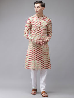 See Designs - Men Beige And Maroon Hand Block Print Sustainable Straight Kurta Pyjama (Set of 2)