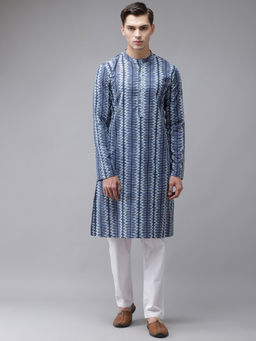 See Designs - Men Blue Printed Straight Kurta With Pyjama (Set of 2)