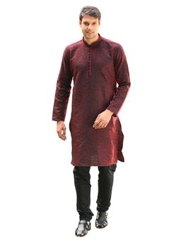 Manyavar - Silk Blend Maroon Kurta with Pencil Pajama (Set of 2)