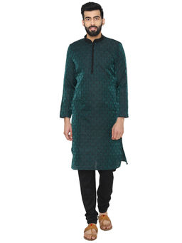 Manyavar - Green Silk Blend Kurta with Pencil Pajama (Set of 2)