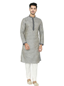 Manyavar - Navy Blue Woven Kurta And Churidar (Set of 2)