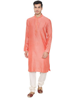 Manyavar - Bright Peach Silk Blend Kurta with Pencil Pajama (Set of 2)