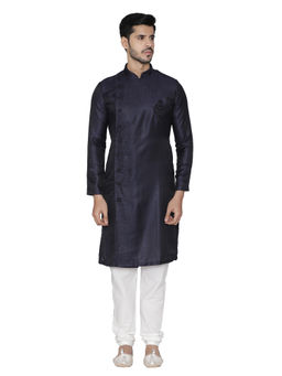 Manyavar - Navy Blue Self Design Kurta And Churidar (Set of 2)
