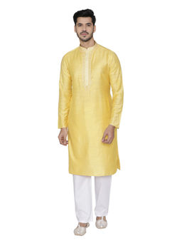 Manyavar - Bright Yellow Silk Blend Kurta Churidar (Set of 2)