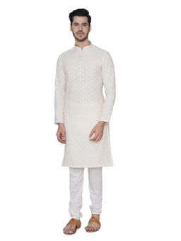 Manyavar - Cream Self Design Kurta And Churidar (Set of 2)