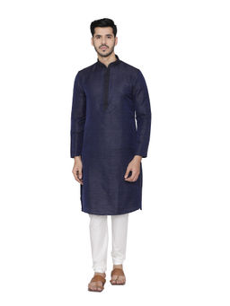 Manyavar - Navy Blue Silk Blend Kurta Churidar (Set of 2)