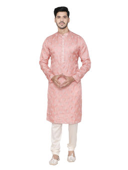 Manyavar - Coral Pink Silk Blend Kurta Churidar (Set of 2)