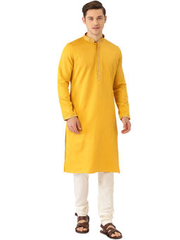 Manyavar - Men's Bright Yellow Kurta with Churidar (Set of 2)