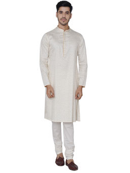 Manyavar - Cream Printed Kurta And Churidar (Set of 2)