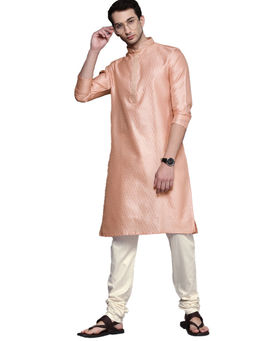 Manyavar - Peach Silk Blend Self Design Kurta Churidar (Set of 2)
