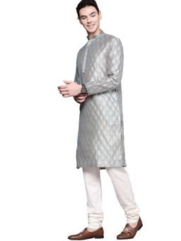 Manyavar - Grey Silk Blend Jacquard Kurta Churidar (Set of 2)