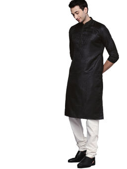Manyavar - Black Art Silk Self Design Kurta with Pencil Pajama (Set of 2)