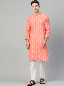 See Designs - Men Peach & White Printed Straight Kurta With Pyjama (Set of 2)