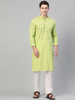 See Designs - Lime Green & White Printed Straight Kurta With Pyjama (Set of 2)