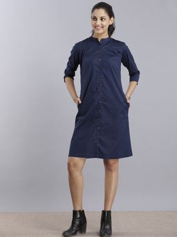 FableStreet - Poplin Shirt Dress - Navy Blue