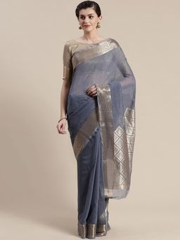 Sareemall - Blue Festive Linen Blend Woven Design Saree With Unstitched Blouse