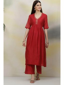 Biba - Red Flared Poly Modal Fusion Wear 2 Piece Set