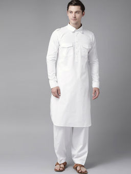 See Designs - White Pathani Kurta With Salwar (Set of 2)