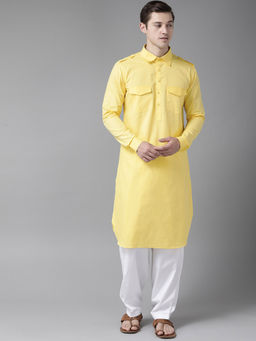 See Designs - Yellow Pathani Kurta With Salwar (Set of 2)