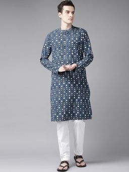 See Designs - Men Blue & White Printed Straight Kurta With Pyjama (Set of 2)