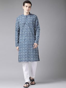 See Designs - Men Blue & Beige Printed Straight Kurta