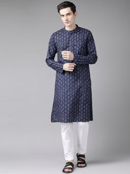See Designs - Men Blue & White Printed Straight Kurta