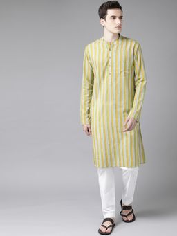 See Designs - Men Yellow And White Printed Straight Kurta