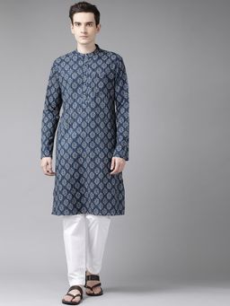 See Designs - Men Blue & Beige Printed Straight Kurta