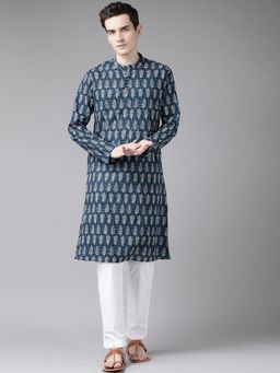 See Designs - Men Blue & Beige Printed Straight Kurta With Pyjama (Set of 2)