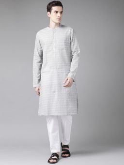 See Designs - Men White & Grey Printed Straight Kurta