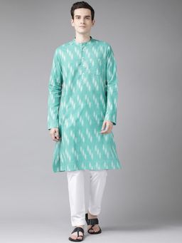 See Designs - Men Turquoise Blue And White Printed Straight Kurta