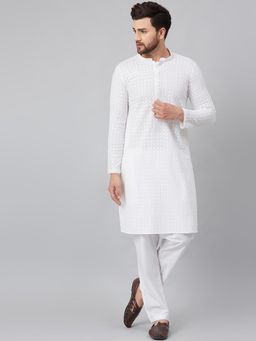 See Designs - White Chikankari Embroidered Woven Design Straight Kurta Set