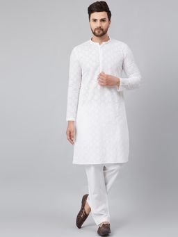 See Designs - White Chikankari Embroidered Woven Design Straight Kurta Set