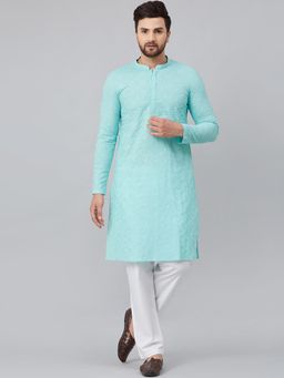 See Designs - Turquoise blue Chikankari Embroidered Woven Design Straight Kurta