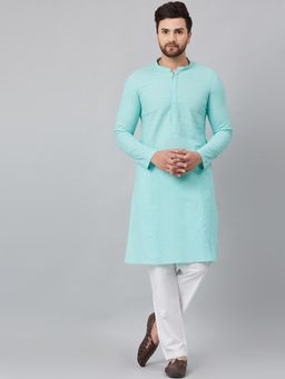 See Designs - Turquoise blue Chikankari Embroidered Woven Design Straight Kurta