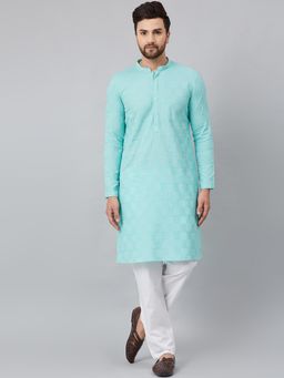 See Designs - Turquoise blue Chikankari Embroidered Woven Design Straight Kurta