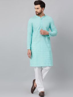 See Designs - Turquoise blue Chikankari Embroidered Woven Design Straight Kurta