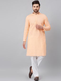 See Designs - Peach Chikankari Embroidered Woven Design Straight Kurta With Pyjama (Set of 2)