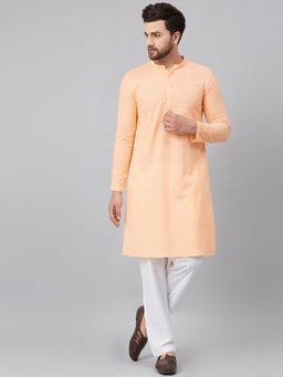 See Designs - Peach Chikankari Embroidered Woven Design Straight Kurta With Pyjama (Set of 2)