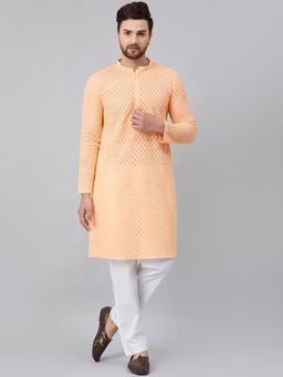 See Designs - Peach Chikankari Embroidered Woven Design Straight Kurta With Pyjama (Set of 2)
