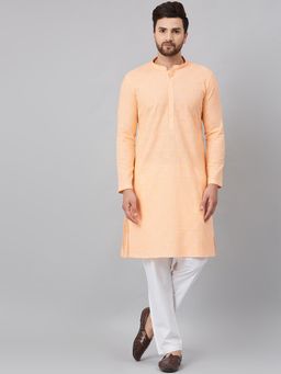 See Designs - Peach Chikankari Embroidered Woven Design Straight Kurta With Pyjama (Set of 2)
