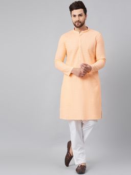 See Designs - Peach Chikankari Embroidered Woven Design Straight Kurta With Pyjama (Set of 2)