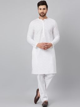 See Designs - White Chikankari Embroidered Woven Design Straight Kurta With Pyjama (Set of 2)