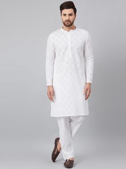 See Designs - White Chikankari Embroidered Woven Design Straight Kurta With Pyjama (Set of 2)