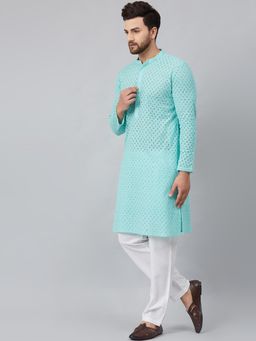 See Designs - Turquoise Blue Chikankari Embroidered Woven Straight Kurta With Pyjama (Set of 2)