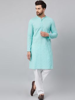 See Designs - Turquoise Blue Chikankari Embroidered Woven Straight Kurta With Pyjama (Set of 2)
