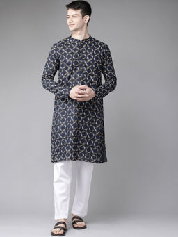 See Designs - Men Navy Blue And Gold Printed Straight Kurta